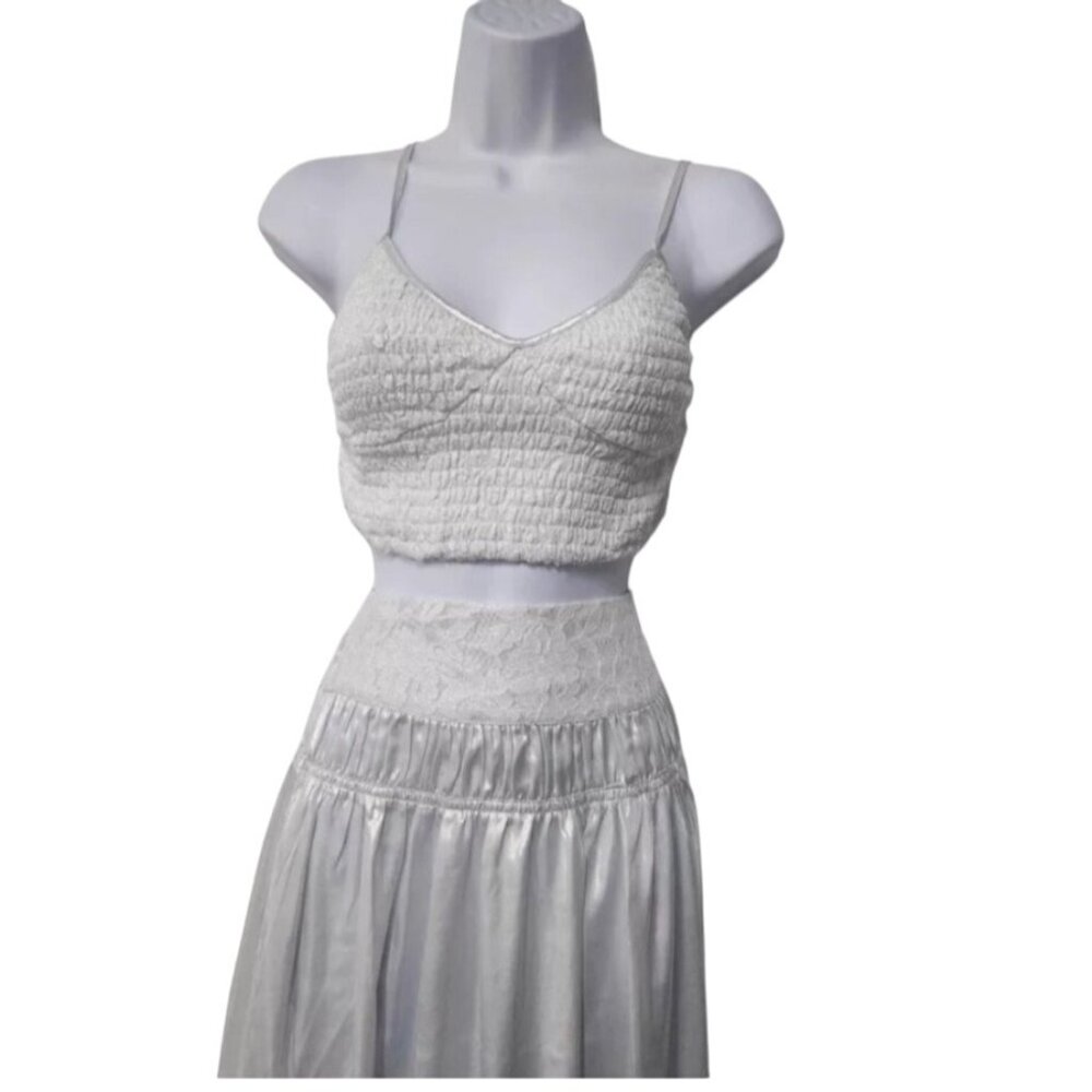 Free People Helin Skirt Set Shimmering Smocked Piped-Edge Detail Crop Tank Silky - Picture 3 of 16